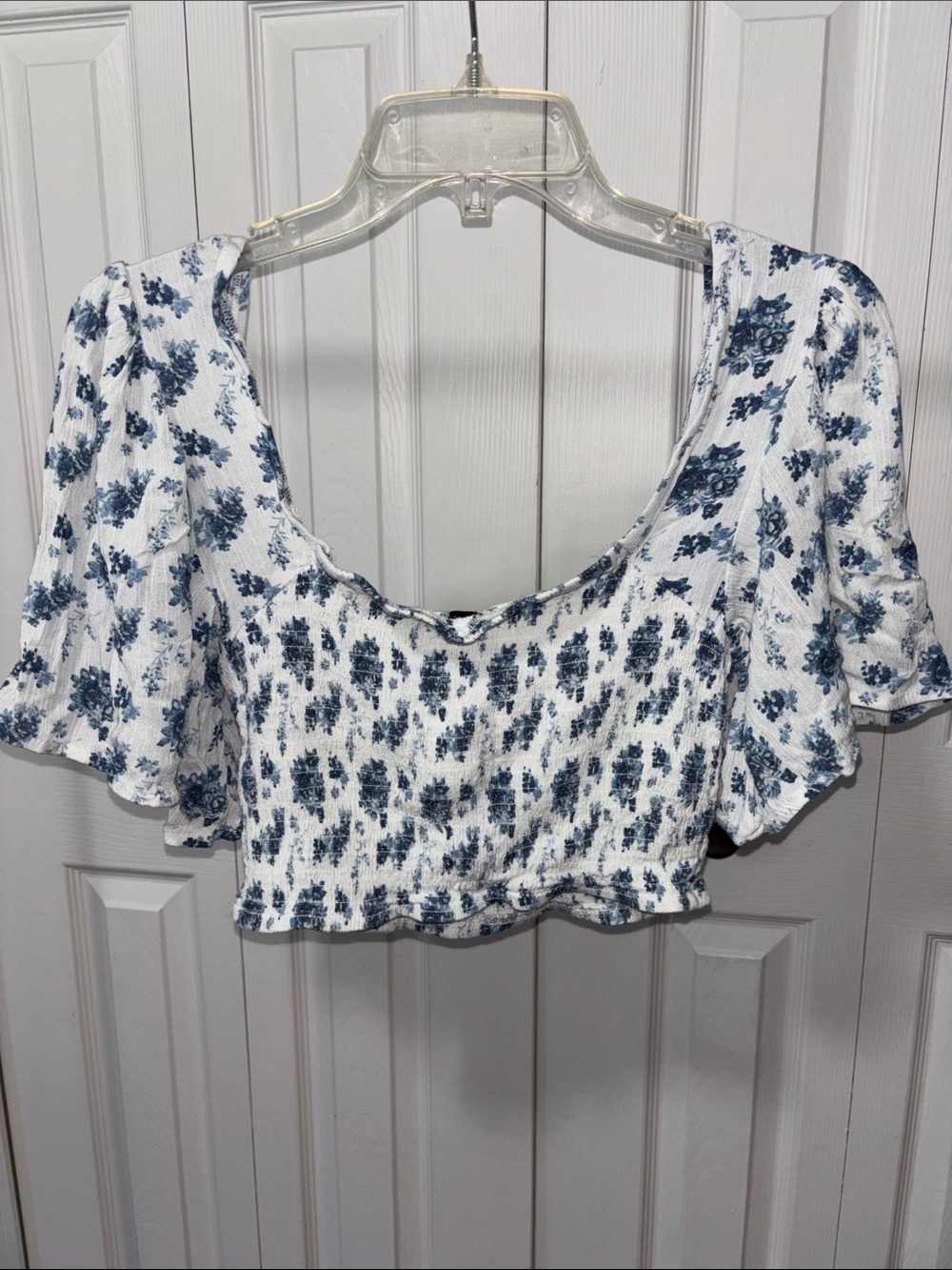 White Crop Top with Blue Floral Print